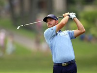 Lee Hodges of Athens, Alabama hits from the 18th fairway during The Memorial Tournament presented by Workday at Muirfield Village Golf Club...