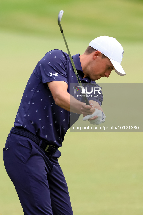 Jordan Spieth of Dallas, Texas hits from the 18th fairway during The Memorial Tournament presented by Workday at Muirfield Village Golf Club...