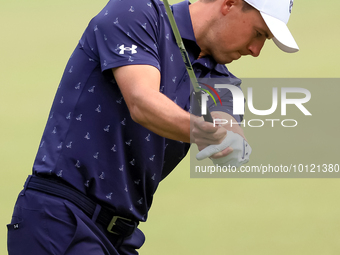 Jordan Spieth of Dallas, Texas hits from the 18th fairway during The Memorial Tournament presented by Workday at Muirfield Village Golf Club...