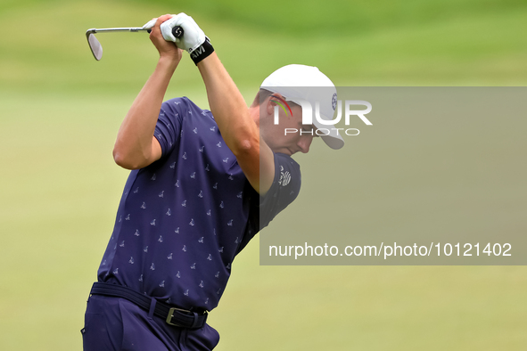 Jordan Spieth of Dallas, Texas hits from the 18th fairway during The Memorial Tournament presented by Workday at Muirfield Village Golf Club...