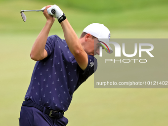 Jordan Spieth of Dallas, Texas hits from the 18th fairway during The Memorial Tournament presented by Workday at Muirfield Village Golf Club...