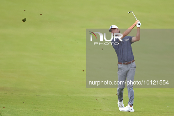 Austin Eckroat hits from the 18th fairway during The Memorial Tournament presented by Workday at Muirfield Village Golf Club in Dublin, Ohio...