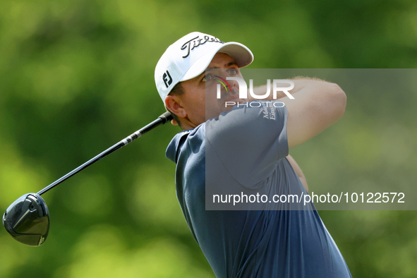 Joseph Bramlett of Las Vegas, Nevada hits from the 18th tee during The Memorial Tournament presented by Workday at Muirfield Village Golf Cl...