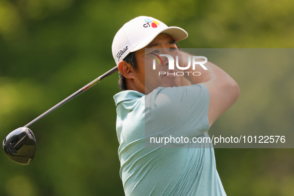 Byeong Hun An of South Korea hits from the 18h tee during The Memorial Tournament presented by Workday at Muirfield Village Golf Club in Dub...