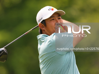 Byeong Hun An of South Korea hits from the 18h tee during The Memorial Tournament presented by Workday at Muirfield Village Golf Club in Dub...