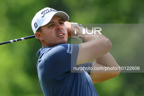 Joseph Bramlett hits from the 18th tee during The Memorial Tournament presented by Workday at Muirfield Village Golf Club in Dublin, Ohio, U...