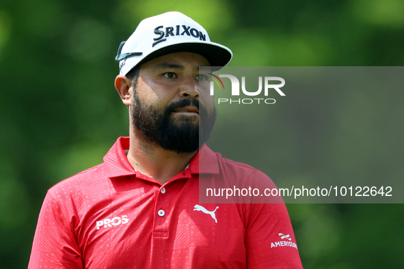 J.J. Spaun of Scottsdale, Arizona looks down the 18th fairway during The Memorial Tournament presented by Workday at Muirfield Village Golf...