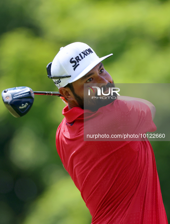 J.J. Spaun of Scottsdale, Arizona hits from the 18th tee during The Memorial Tournament presented by Workday at Muirfield Village Golf Club...