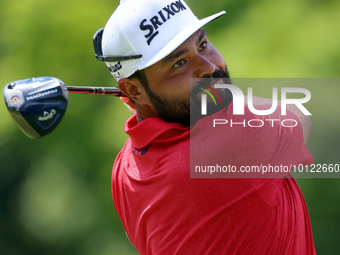 J.J. Spaun of Scottsdale, Arizona hits from the 18th tee during The Memorial Tournament presented by Workday at Muirfield Village Golf Club...