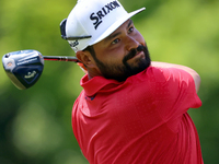 J.J. Spaun of Scottsdale, Arizona hits from the 18th tee during The Memorial Tournament presented by Workday at Muirfield Village Golf Club...