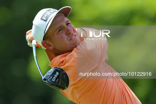 Sam Stevens of Wichita, Kansas hits from the 18th tee during The Memorial Tournament presented by Workday at Muirfield Village Golf Club in...