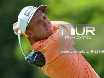 Sam Stevens of Wichita, Kansas hits from the 18th tee during The Memorial Tournament presented by Workday at Muirfield Village Golf Club in...