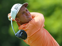 Sam Stevens of Wichita, Kansas hits from the 18th tee during The Memorial Tournament presented by Workday at Muirfield Village Golf Club in...