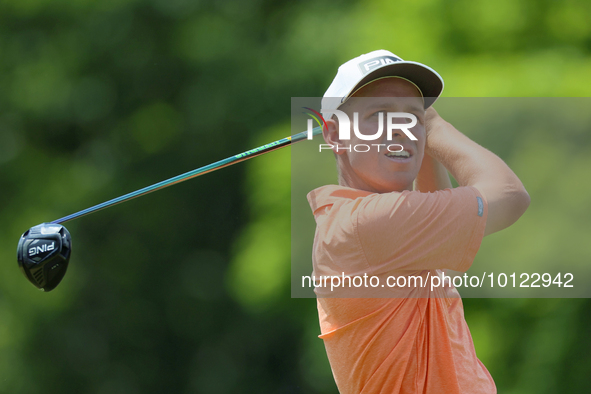 Sam Stevens of Wichita, Kansas hits from the 18th tee during The Memorial Tournament presented by Workday at Muirfield Village Golf Club in...