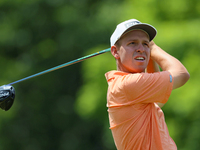 Sam Stevens of Wichita, Kansas hits from the 18th tee during The Memorial Tournament presented by Workday at Muirfield Village Golf Club in...