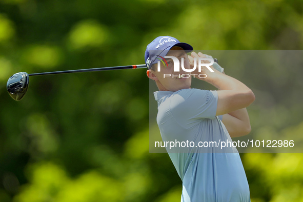 Matt Fitzpatrick of Sheffield, England hits from the 18th tee during The Memorial Tournament presented by Workday at Muirfield Village Golf...