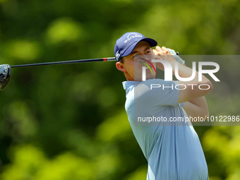 Matt Fitzpatrick of Sheffield, England hits from the 18th tee during The Memorial Tournament presented by Workday at Muirfield Village Golf...