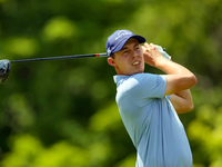 Matt Fitzpatrick of Sheffield, England hits from the 18th tee during The Memorial Tournament presented by Workday at Muirfield Village Golf...