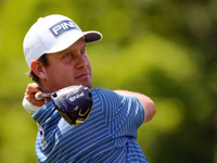 Harris English of Sea Island, Georgia hits from the 18th tee during The Memorial Tournament presented by Workday at Muirfield Village Golf C...