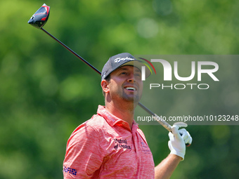 Taylor Montgomery of Las Vegas, Nevada follows his shot from the 18th tee during The Memorial Tournament presented by Workday at Muirfield V...