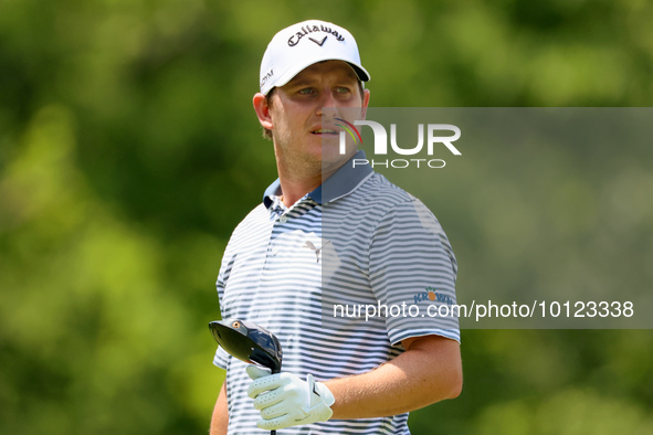 Emiliano Grillo of Argentina follows his shot from the 18th tee during The Memorial Tournament presented by Workday at Muirfield Village Gol...