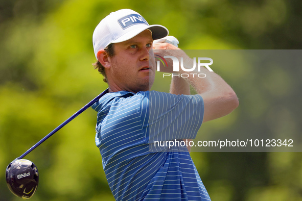 Harris English of Sea Island, Georgia hits from the 18th tee during The Memorial Tournament presented by Workday at Muirfield Village Golf C...