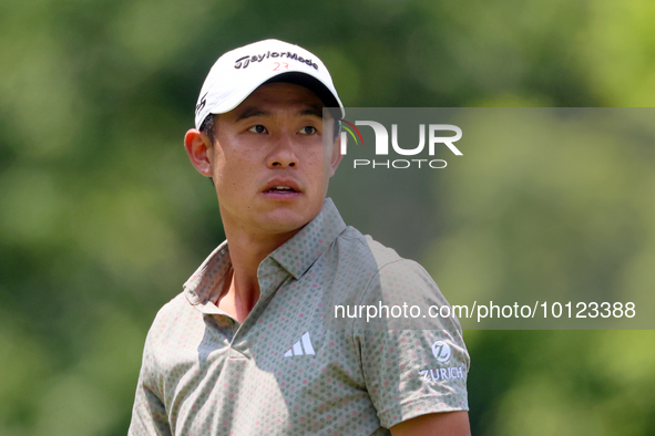 Collin Morikawa of La Canada, California follows his shot from the 18th tee during The Memorial Tournament presented by Workday at Muirfield...