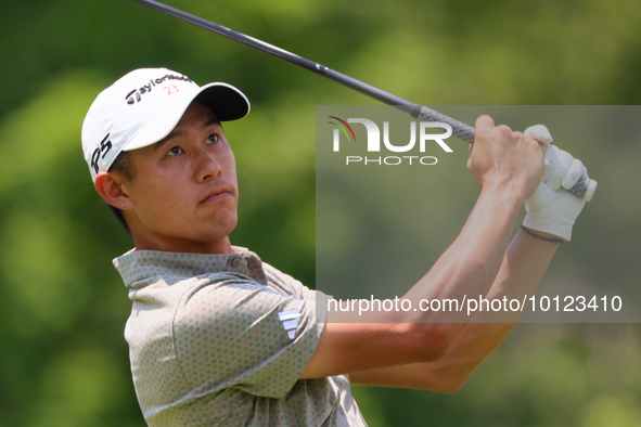 Collin Morikawa of La Canada, California follows his shot from the 18th tee during The Memorial Tournament presented by Workday at Muirfield...