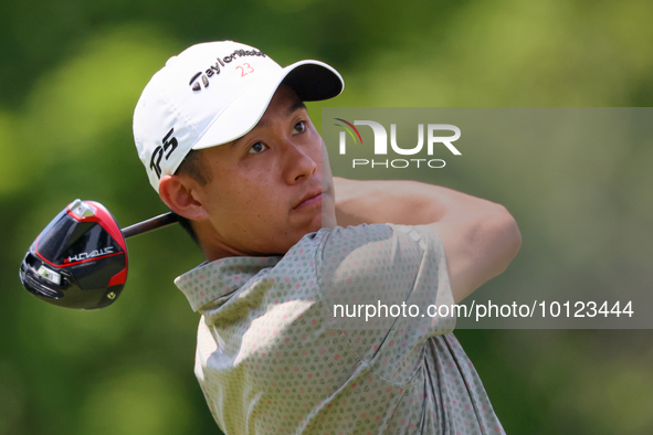 Collin Morikawa of La Canada, California hits from the 18th tee during The Memorial Tournament presented by Workday at Muirfield Village Gol...