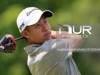 Collin Morikawa of La Canada, California hits from the 18th tee during The Memorial Tournament presented by Workday at Muirfield Village Gol...