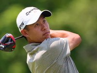 Collin Morikawa of La Canada, California hits from the 18th tee during The Memorial Tournament presented by Workday at Muirfield Village Gol...