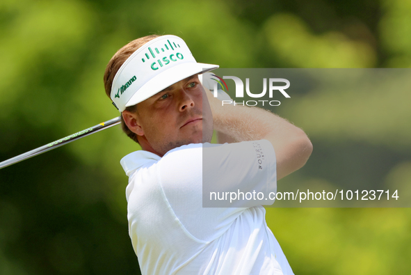 Keith Mitchell  of St. Simons Island, Georgia hits from the 18th tee during The Memorial Tournament presented by Workday at Muirfield Villag...