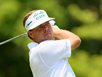 Keith Mitchell  of St. Simons Island, Georgia hits from the 18th tee during The Memorial Tournament presented by Workday at Muirfield Villag...