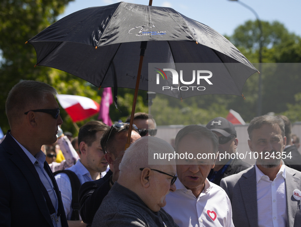 Former President Lech Walesa (l) and former PM Donald Tusk (r) are seen speaking in Warsaw, Poland on 04 June, 2023. Participants from acros...