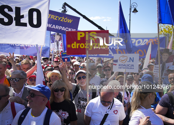 People are seen taking part in a march for unity in Warsaw, Poland on 04 June, 2023. Participants from across the country have come to Warsa...