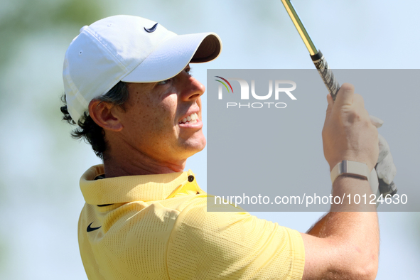 Rory McIlroy of Holywood, Northern Ireland hits from the 12th tee during the final round of The Memorial Tournament presented by Workday at...