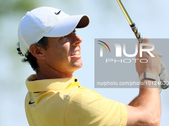 Rory McIlroy of Holywood, Northern Ireland hits from the 12th tee during the final round of The Memorial Tournament presented by Workday at...