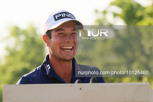 Viktor Hovland of Oslo, Norway speaks after he won his first tournament in the United States in a playoff against Denny McCarthy of Jupiter,...