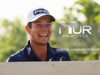 Viktor Hovland of Oslo, Norway speaks after he won his first tournament in the United States in a playoff against Denny McCarthy of Jupiter,...