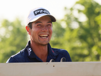 Viktor Hovland of Oslo, Norway speaks after he won his first tournament in the United States in a playoff against Denny McCarthy of Jupiter,...