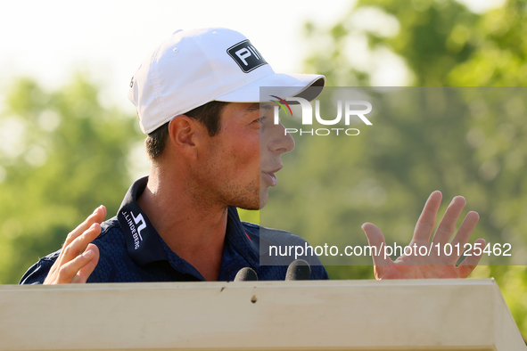 Viktor Hovland of Oslo, Norway speaks after he won his first tournament in the United States in a playoff against Denny McCarthy of Jupiter,...