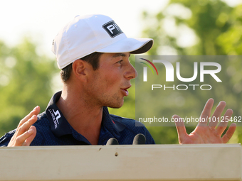 Viktor Hovland of Oslo, Norway speaks after he won his first tournament in the United States in a playoff against Denny McCarthy of Jupiter,...