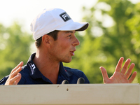 Viktor Hovland of Oslo, Norway speaks after he won his first tournament in the United States in a playoff against Denny McCarthy of Jupiter,...