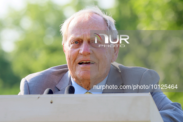 Jack Niklaus speaks during the award ceremony for Viktor Hovland of Oslo, Norway after he won his first tournament in the United States in a...