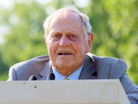 Jack Niklaus speaks during the award ceremony for Viktor Hovland of Oslo, Norway after he won his first tournament in the United States in a...