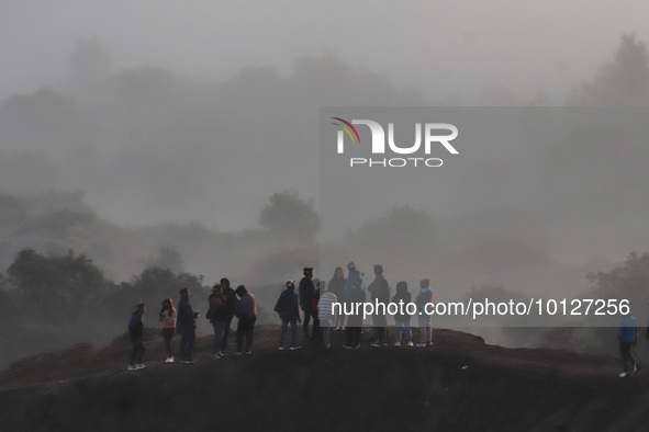 PROBOLINGGO, INDONESIA - JUNE 5: Tenggerese walk and hike carrying agricultural products and livestock to be sacrificed during the Yadnya Ka...