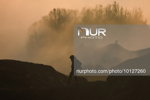 PROBOLINGGO, INDONESIA - JUNE 5: Tenggerese walk and hike carrying agricultural products and livestock to be sacrificed during the Yadnya Ka...