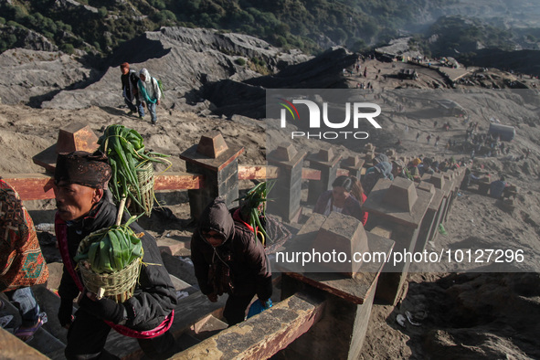 PROBOLINGGO, INDONESIA - JUNE 5: Tenggerese walk and hike carrying agricultural products and livestock to be sacrificed during the Yadnya Ka...