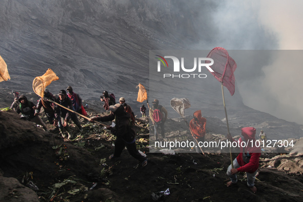 PROBOLINGGO, INDONESIA - JUNE 5: Tenggerese walk and hike carrying agricultural products and livestock to be sacrificed during the Yadnya Ka...