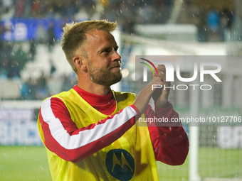 Christian Gytkjaer (#9 AC Monza) thanks the fans after his last match for AC Monza during Atalanta BC against AC Monza, Serie A, at Gewiss S...